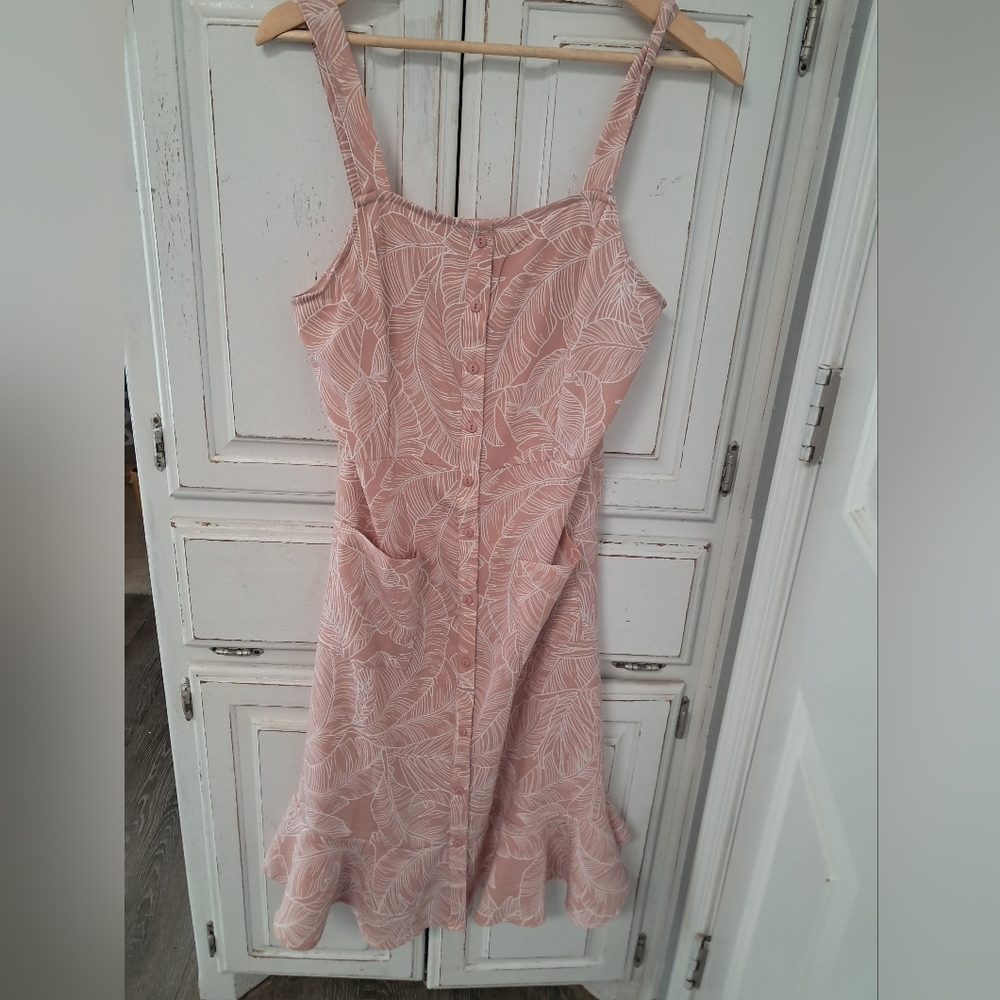 LARA Pink Leaf Pattern Summer Dress With pockets LARGE spring Thin